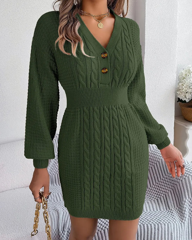 Buttoned Cable-Knit V-Neck Sweater Dress Army Green