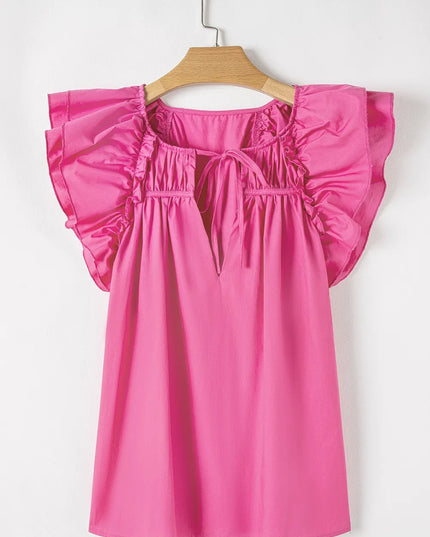 Shirred Tie Neck Ruffled Cap Sleeve Blouse