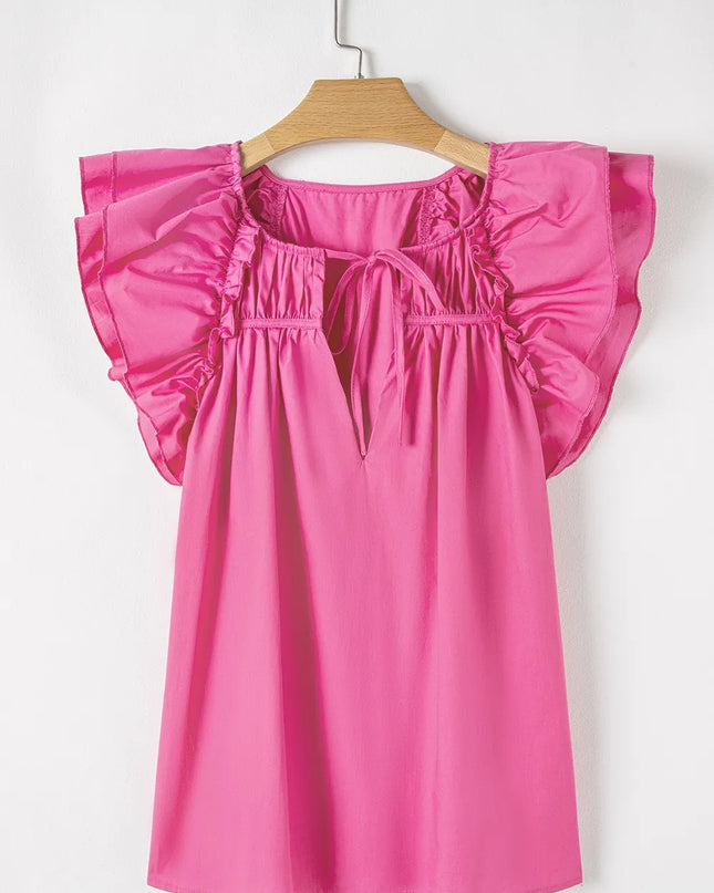 Shirred Tie Neck Ruffled Cap Sleeve Blouse