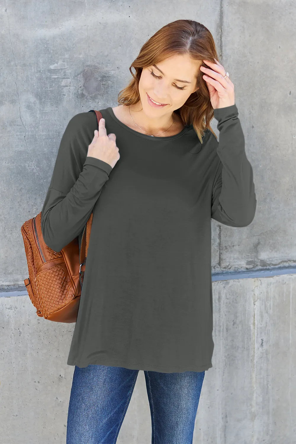 Basic Bae Full Size Round Neck Dropped Shoulder T-Shirt Dark Gray