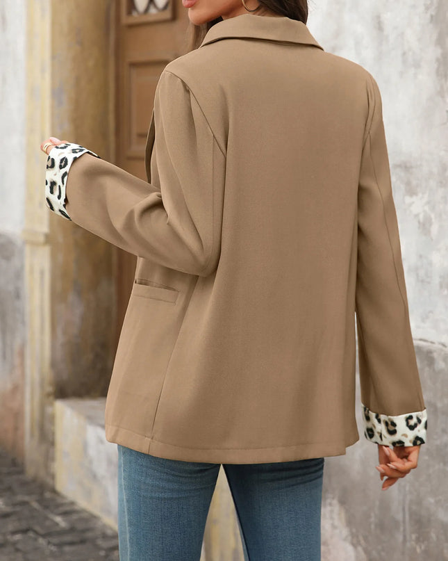 Lapel Collar Leopard Cuff Long Sleeve Blazer