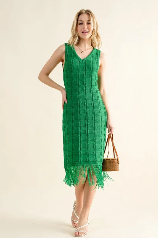 And The Why Checkerboard Drop-Needle Fringe Sleeveless Dress