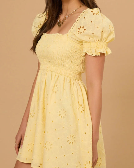 Eyelet Puff Sleeve Smocked Mini Dress