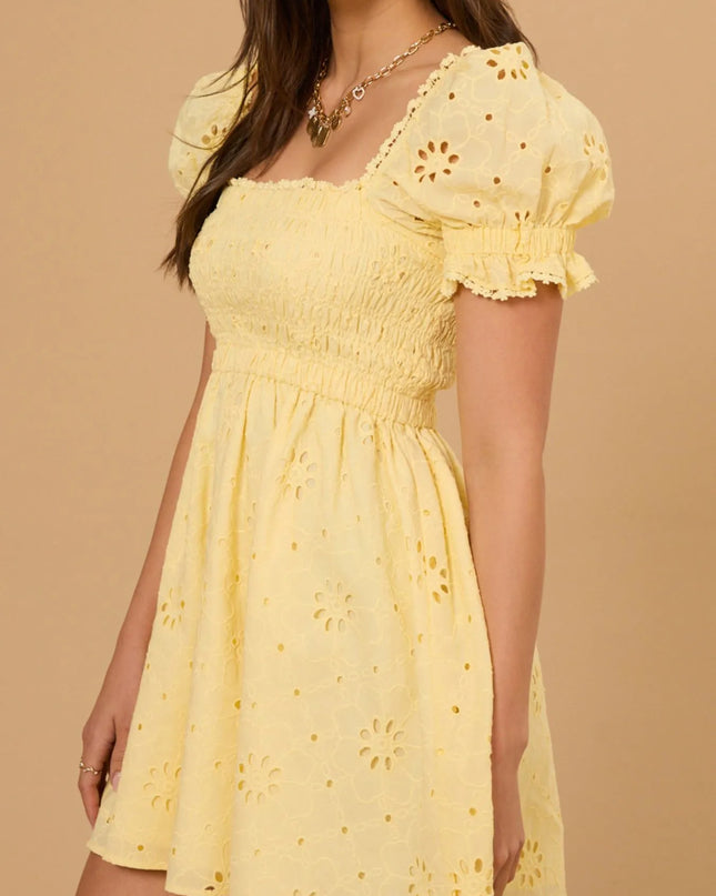 Eyelet Puff Sleeve Smocked Mini Dress