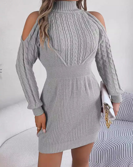 Cold Shoulder Cable Knit Turtleneck Sweater Dress