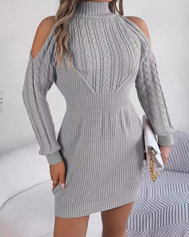 Cold Shoulder Cable Knit Turtleneck Sweater Dress