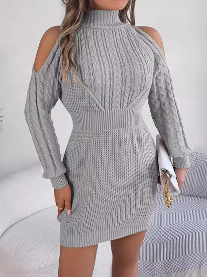 Cold Shoulder Cable Knit Turtleneck Sweater Dress