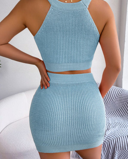 Heart Contrast Ribbed Sleeveless Knit Top and Skirt Set
