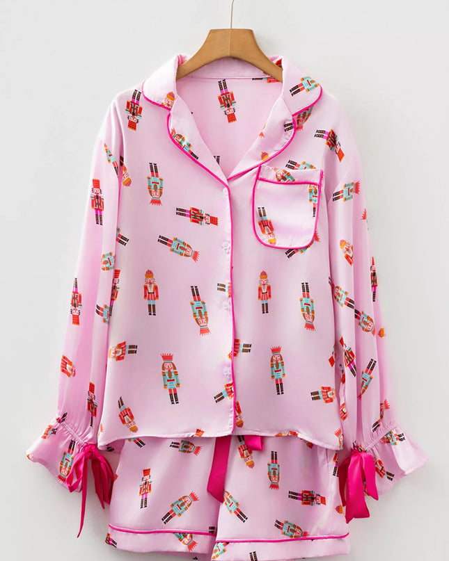 Nutcracker Print Contrast Trim Top and Shorts Pajama Set