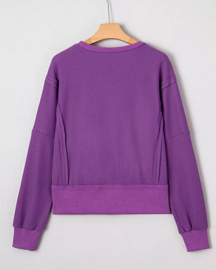 Solid Color Raw Seam Patchwork Ribbed Drop Shoulder Sweatshirt