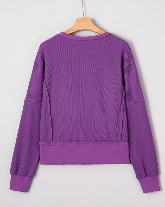 Solid Color Raw Seam Patchwork Ribbed Drop Shoulder Sweatshirt