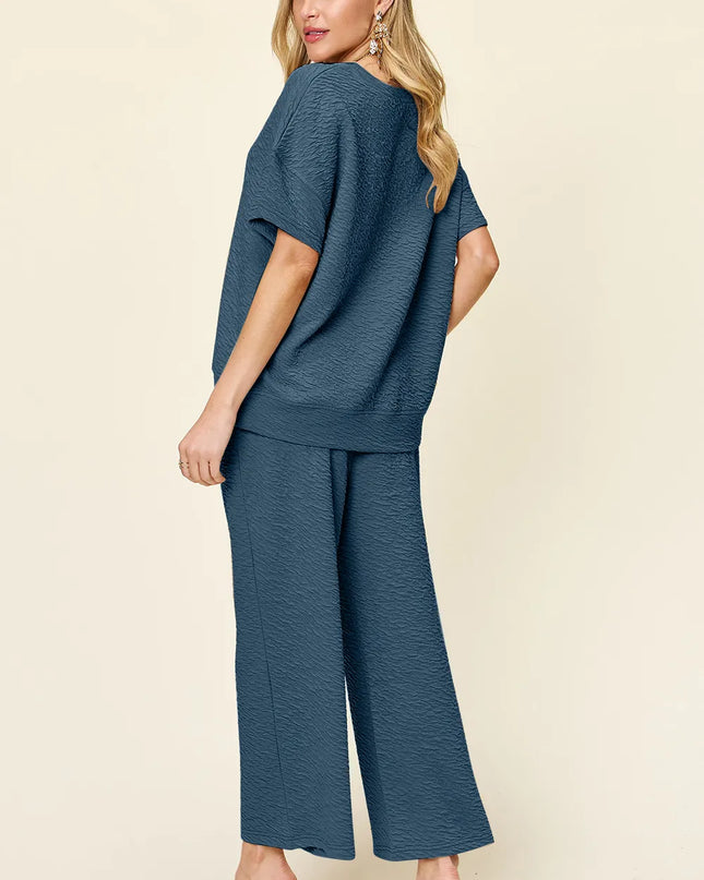 Double Take Full Size Texture Short Sleeve Top and Pants Set