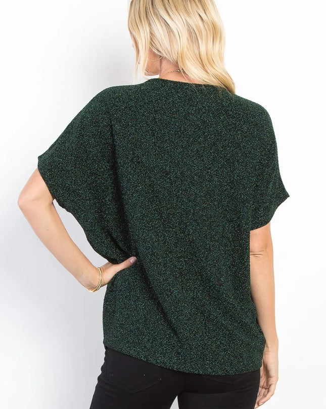 Be Stage Full Size Lurex Center Elastic Cinched Knit Top