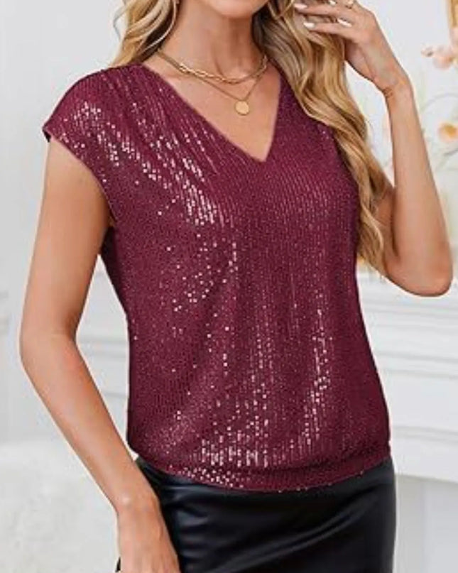 V-Neck Sequin Cap Sleeve Top