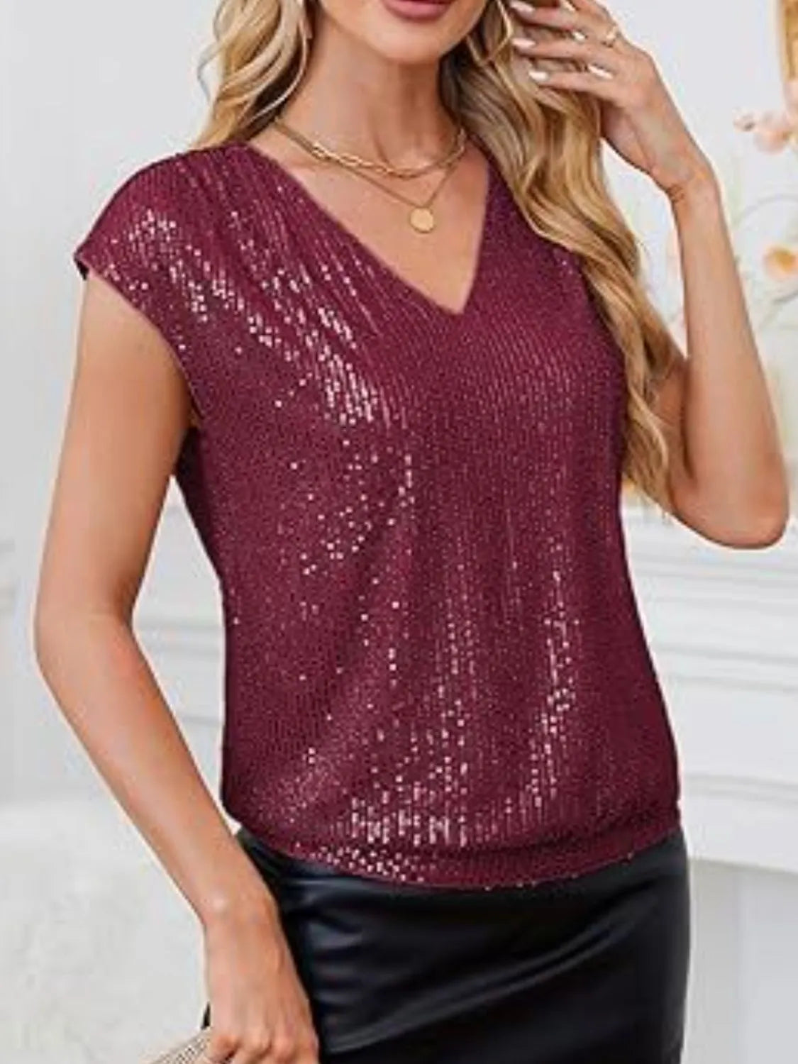 V-Neck Sequin Cap Sleeve Top