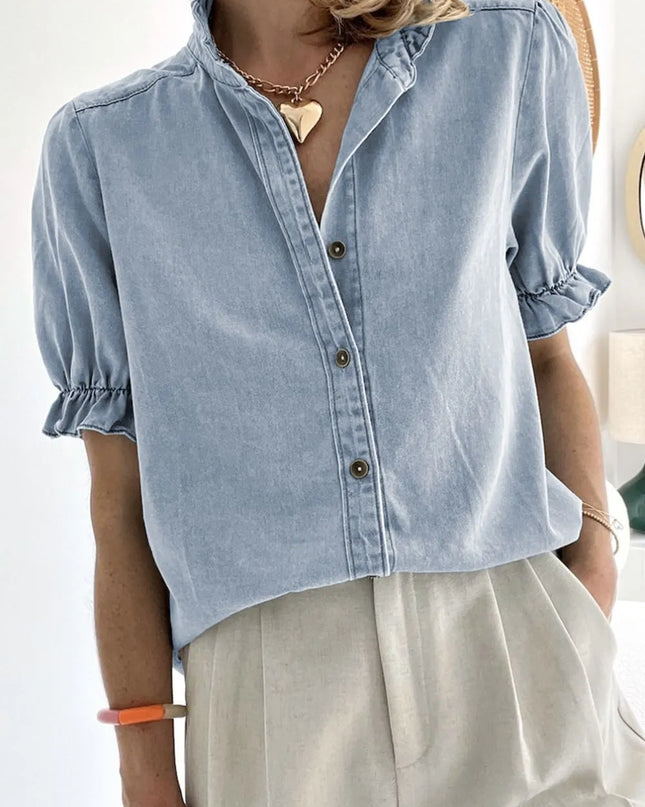Ruffle Short Puff Sleeve Button Down Denim Shirt 