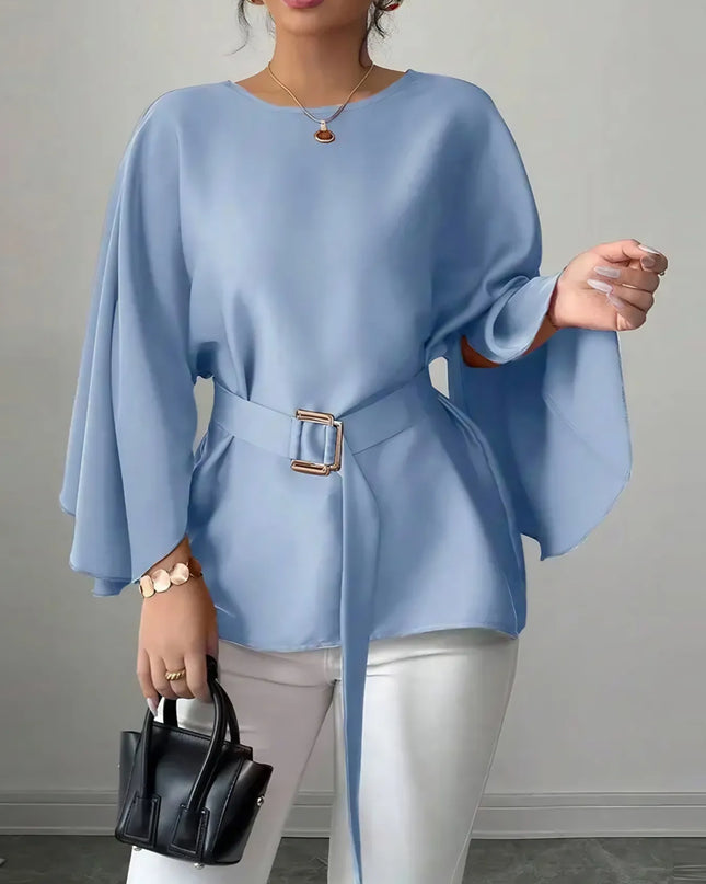 Belted Round Neck Flutter Sleeves Blouse