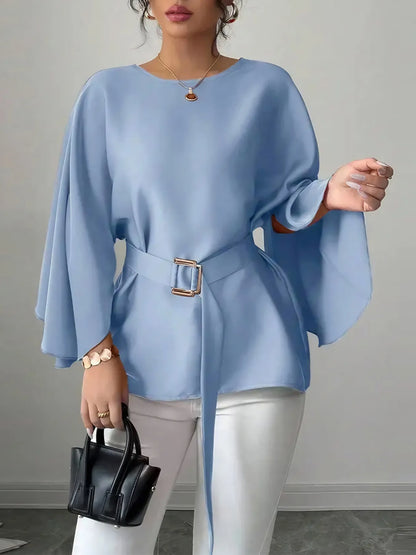 Belted Round Neck Flutter Sleeves Blouse