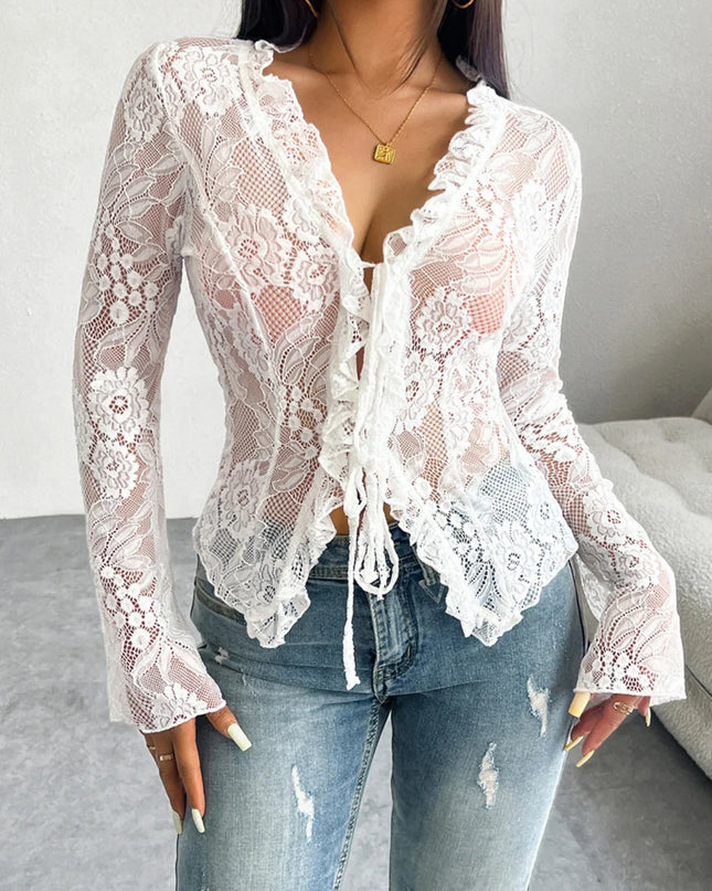 Tie Front Long Sleeve Lace Top