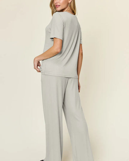 Double Take Full Size Round Neck Short Sleeve T-Shirt and Wide Leg Pants Set