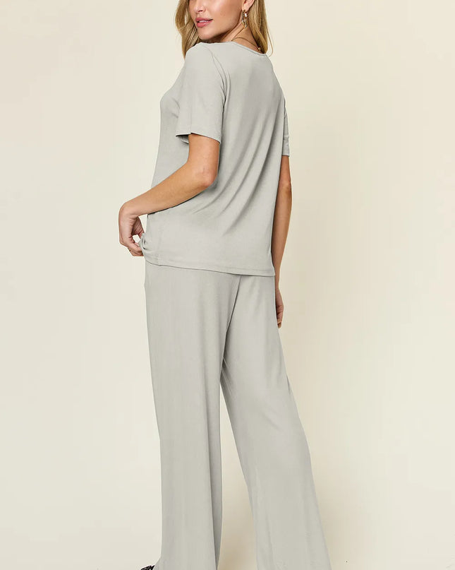 Double Take Full Size Round Neck Short Sleeve T-Shirt and Wide Leg Pants Set