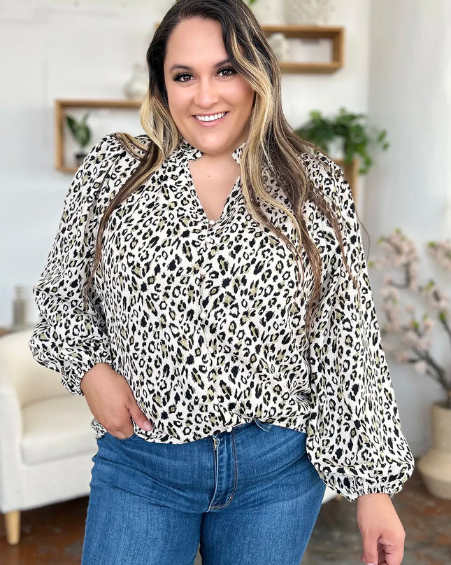 Double Take Full Size Leopard Long Sleeve Blouse