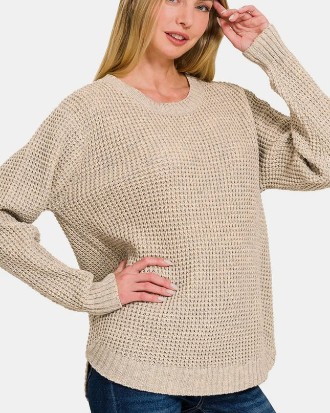 Zenana High Low Long Sleeve Waffle Sweater H Beige
