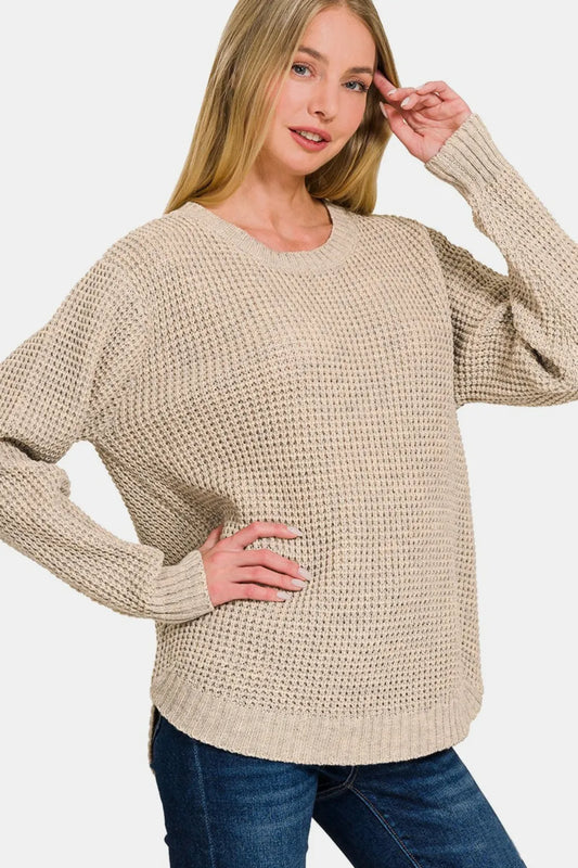 Zenana High Low Long Sleeve Waffle Sweater H Beige