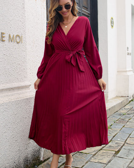 Pleated Long Sleeve Surplice Maxi Dress Wine