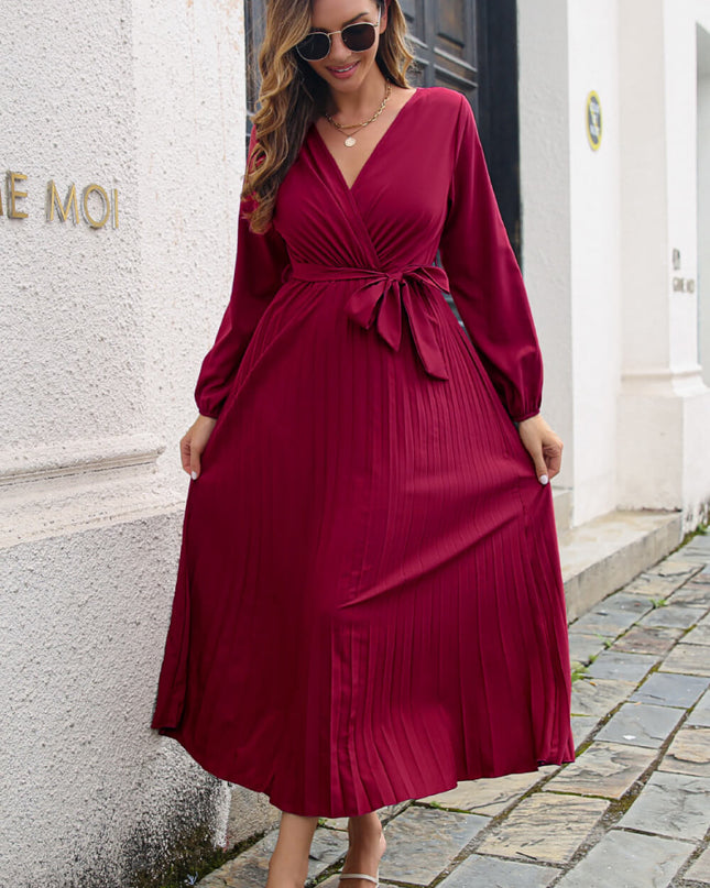 Pleated Long Sleeve Surplice Maxi Dress Wine