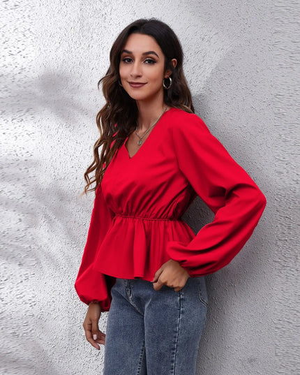 V-Neck Balloon Sleeve Peplum Blouse