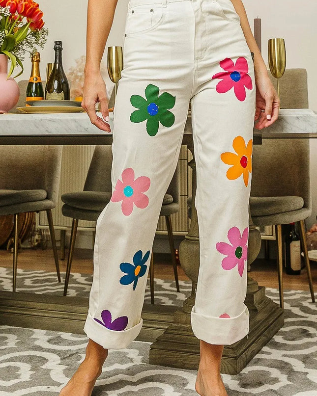 BiBi Flower Print Straight Legs Pants OFF WHITE