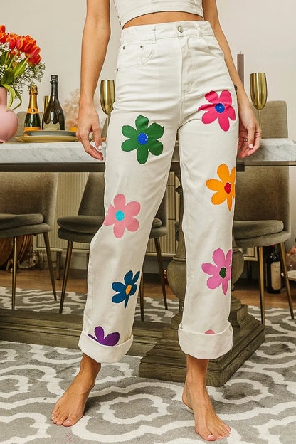 BiBi Flower Print Straight Legs Pants OFF WHITE