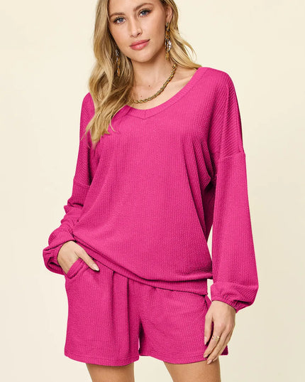 Double Take Full Size Texture V-Neck Long Sleeve T-Shirt and Shorts Set Hot Pink