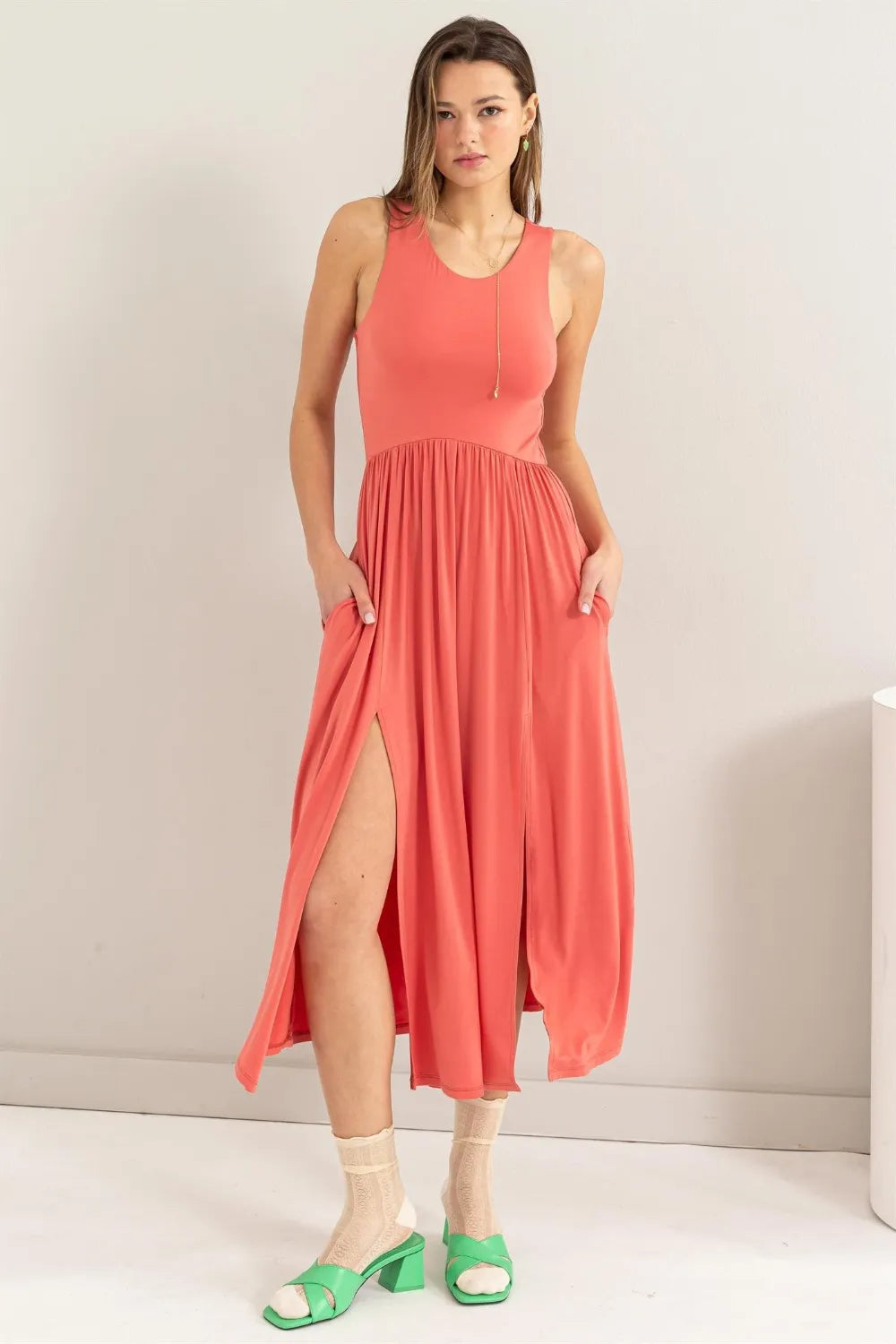 HYFVE Sleeveless Slit Midi Dress Spiced Coral