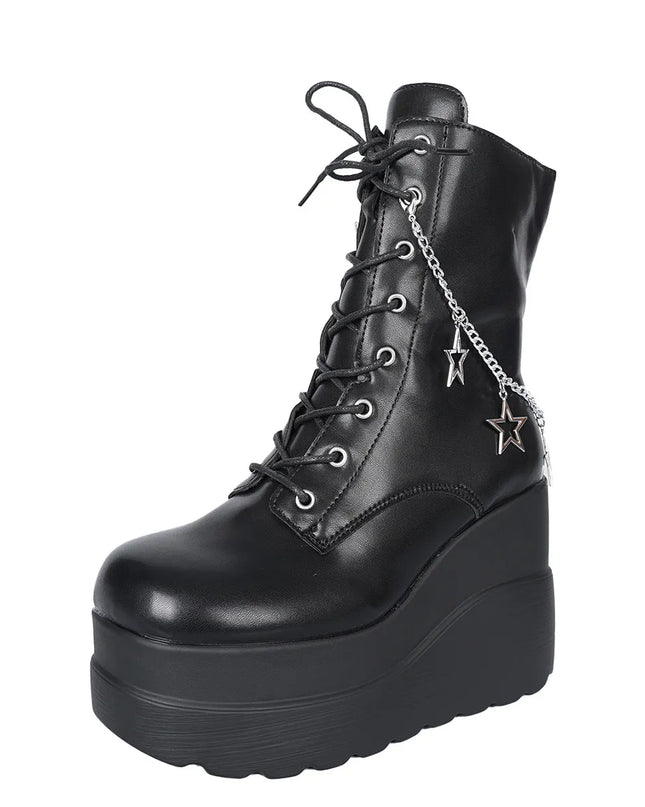 Lace Up Platform Wedge Boots Black