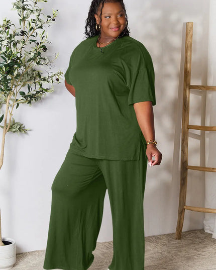 Double Take Full Size Round Neck Slit Top and Pants Set