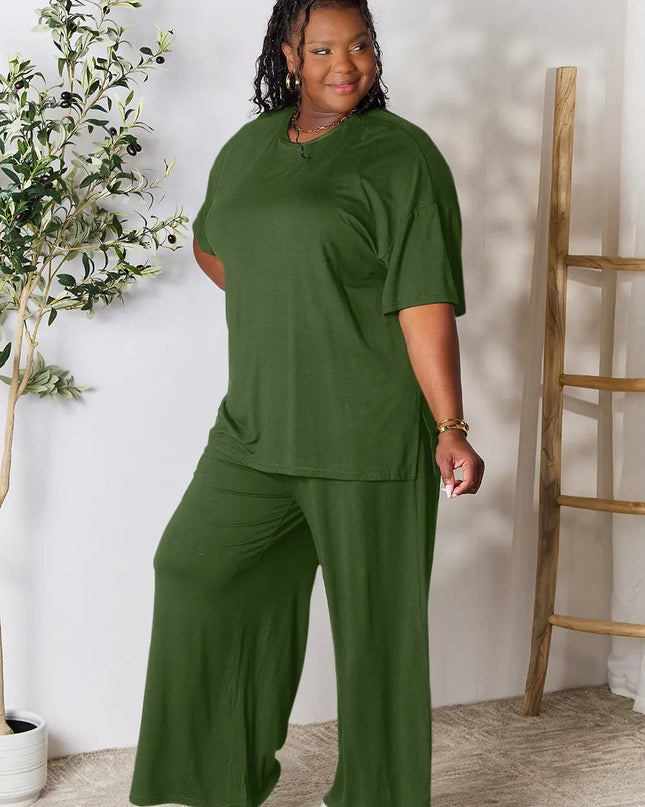 Double Take Full Size Round Neck Slit Top and Pants Set