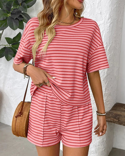 Striped Round Neck Short Sleeve Top and Shorts Set Strawberry