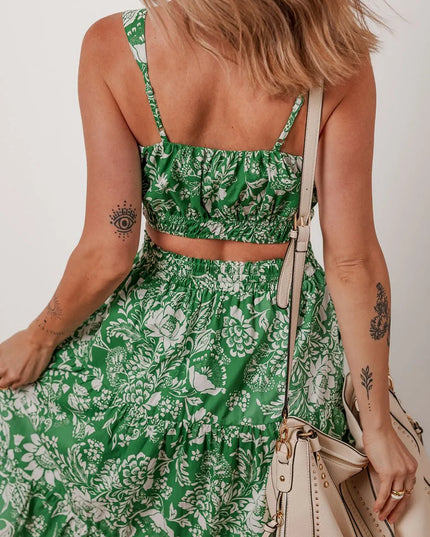 Floral Print Shirred Crop Top and Midi Skirt Set