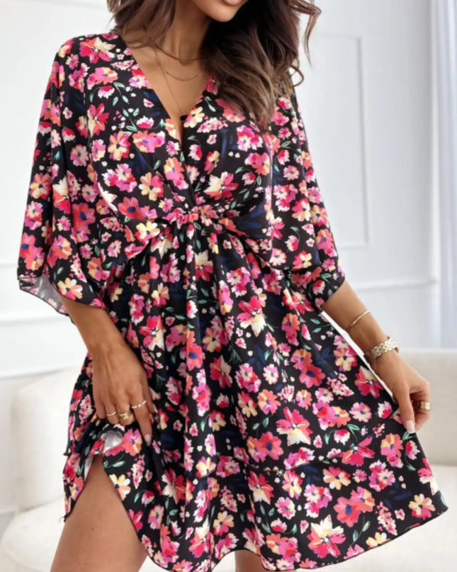 Floral Print V-Neck Ruffle Mini Dress