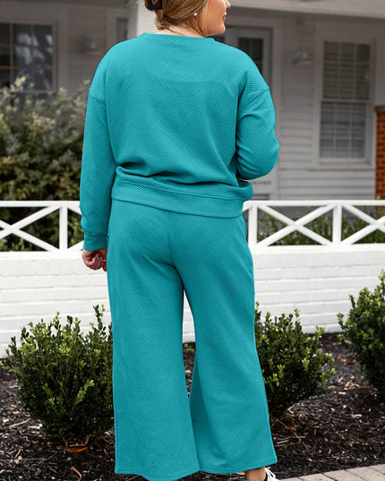 Double Take Full Size Textured Long Sleeve Top and Drawstring Pants Set