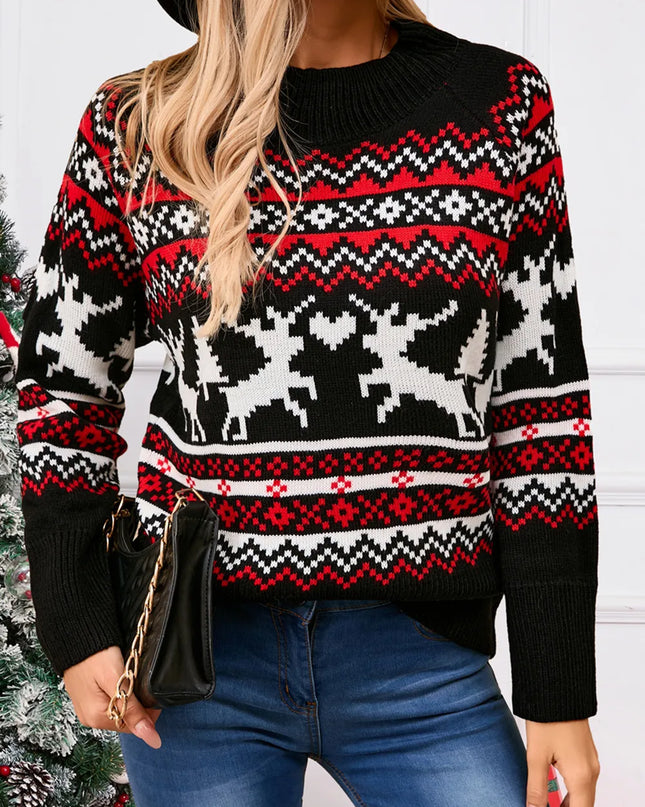 Angel Wings Reindeer Round Neck Long Sleeve Sweater Black