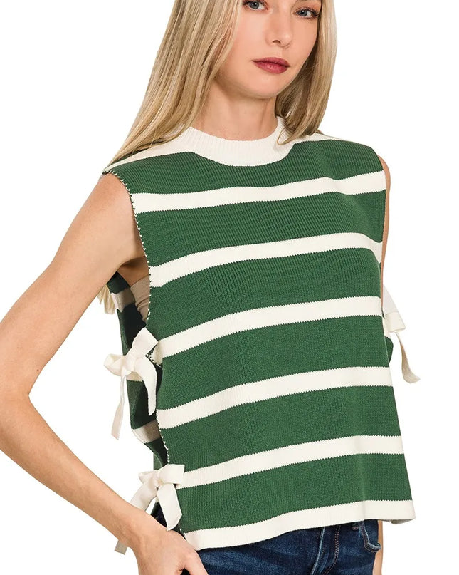 Zenana Side Tie Stripe Sweater Vest DK GREEN