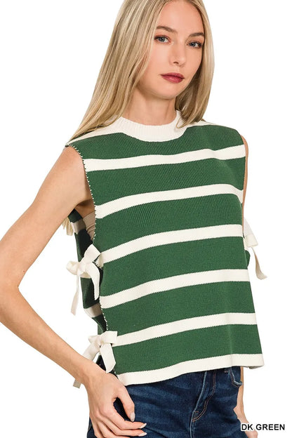 Zenana Side Tie Stripe Sweater Vest DK GREEN