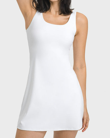 Millennia Square Neck Sports Tank Dress with Full Coverage Bottoms White