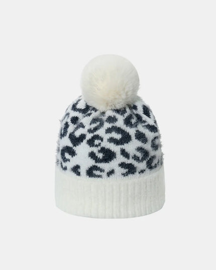 Leopard Hat with Pompom White One Size