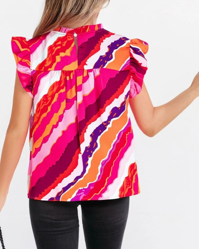 Abstract Print Shirred Yoke Ruffled Blouse