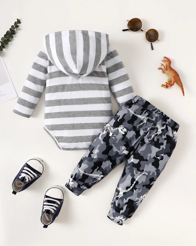 Children's Striped Hooded Bodysuit and Camouflage Pants Set