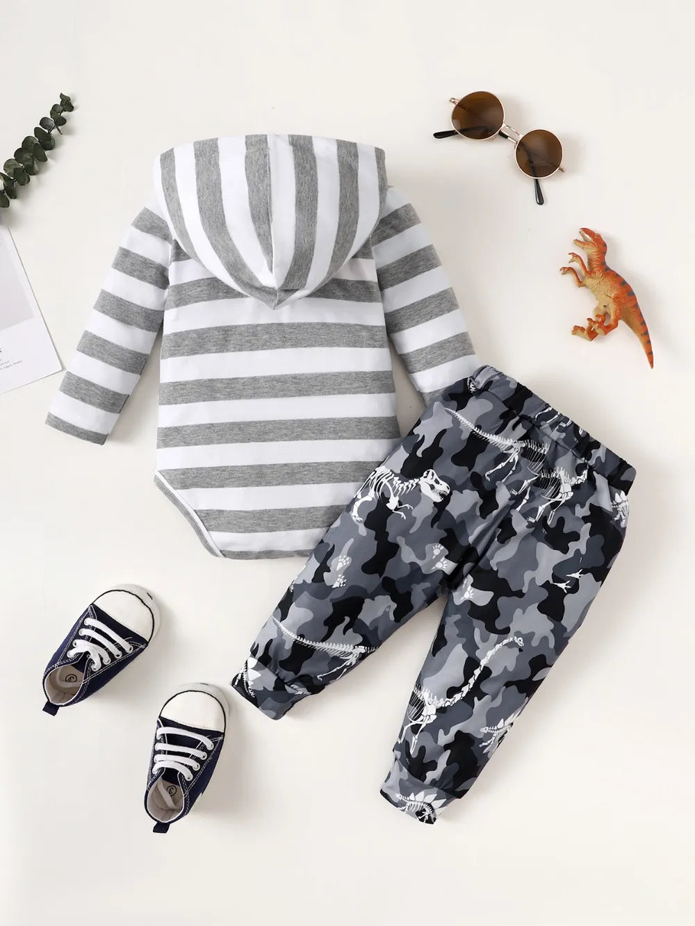 Children's Striped Hooded Bodysuit and Camouflage Pants Set